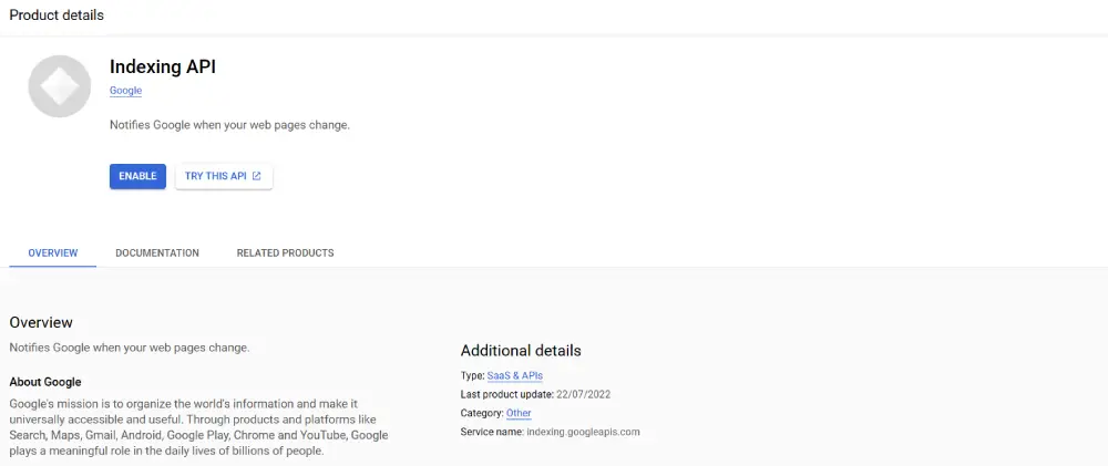 Enable Google Indexing API option